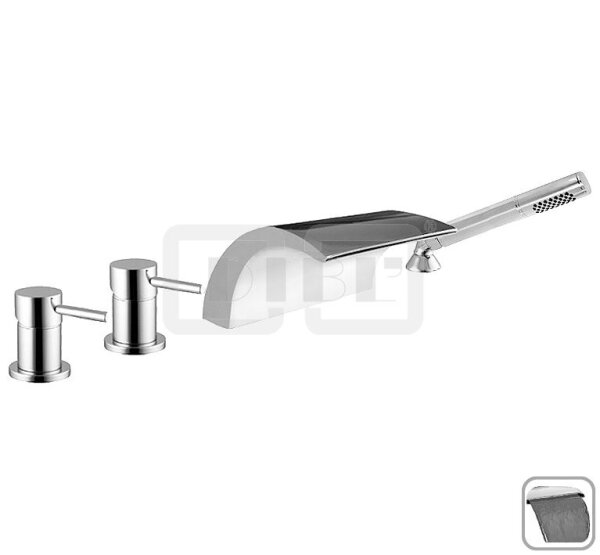 DIBLpur Einhebel-Vierlochbatterie zur Wannenrandmontage, starrer Cascaden-Schwallauslauf, Schlauchbrauseset