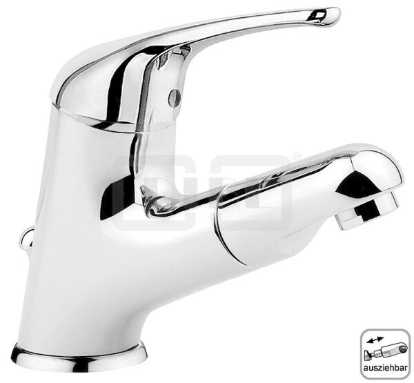 DIBLtech Einhebel-Waschtischbatterie mit Auszugbrause, Armaturenkörper mit Zugstangenbohrung und Ablaufgarnitur 1¼"