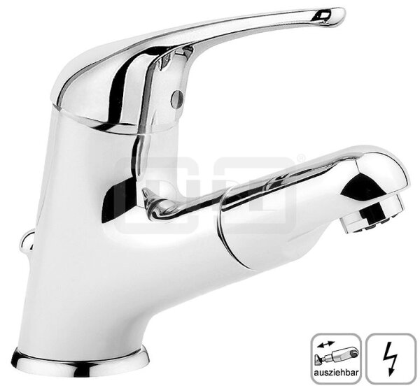 DIBLtech Einhebel-Waschtischbatterie mit Auszugbrause, mit Zugstangenbohrung und Ablaufgarnitur 1¼", Niederdruckausführung für drucklose Elektro-Untertischspeicher