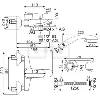 DIBLgeo "Edition 2" Einhebel-Wannenbatterie zur Aufputzmontage, mit Dreistrahl-Handbrause, Spezial-Brausehalter und Brauseschlauch 1250 mm