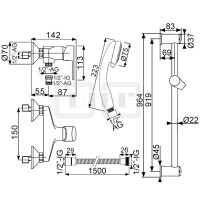 DIBLgeo "Edition 2" Einhebel-Brausebatterie zur Aufputzmontage, mit Brausestange 964 mm, Handbrause, Brauseschlauch 1500 mm