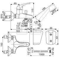 DIBLobjekt Einhebel-Wannenbatterie zur Aufputzmontage, mit Handbrause, Wandbrausehalter und Brauseschlauch 1500 mm