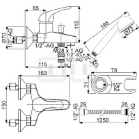 DIBLobjekt Einhebel-Wannenbatterie zur Aufputzmontage, mit Handbrause, Spezial-Brausehalter und Brauseschlauch 1250 mm