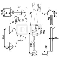 DIBLobjekt Einhebel-Brausebatterie zur Aufputzmontage, mit Brausestange 964 mm, Handbrause und Brauseschlauch 1500 mm