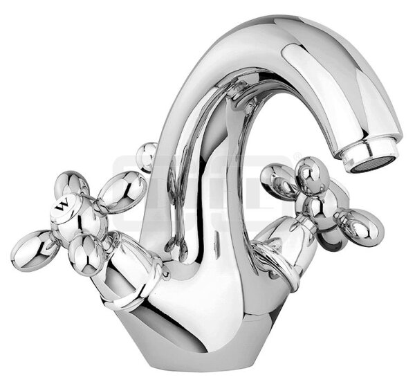 DIBLstil Zweigriff-Waschtischbatterie mit starrem Gussauslauf, mit Zugstangenbohrung und Ablaufgarnitur 1¼"