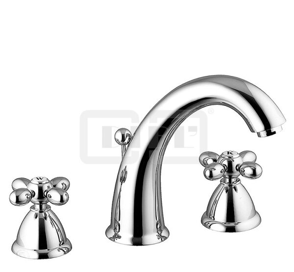 DIBLstil Zweigriff-Waschtisch-Dreilochbatterie mit hohem, starrem Gussauslauf, mit Zugstangenbohrung und Ablaufgarnitur 1¼"