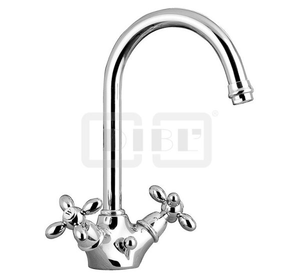 DIBLstil Zweigriff-Waschtischbatterie mit hohem, schwenkbarem Profilauslauf, mit Zugstangenbohrung und Ablaufgarnitur 1¼"