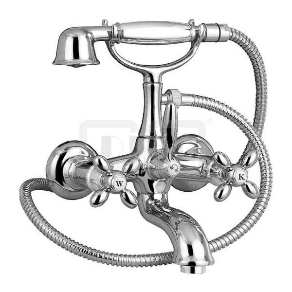 DIBLstil Zweigriff-Wannenbatterie zur Aufputzmontage, mit Nostalgie-Messing-Einstrahl-Handbrause, Messing-Gabelhaken ¾" IG x ½" AG und Metallbrauseschlauch 1500 mm