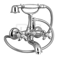 DIBLstil Zweigriff-Wannenbatterie zur Aufputzmontage, mit Nostalgie-Messing-Einstrahl-Handbrause, Messing-Gabelhaken ¾" IG x ½" AG und Metallbrauseschlauch 1500 mm