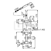 DIBLstil Zweigriff-Wannenbatterie zur Aufputzmontage, mit Nostalgie-Messing-Einstrahl-Handbrause, Messing-Gabelhaken ¾" IG x ½" AG und Metallbrauseschlauch 1500 mm