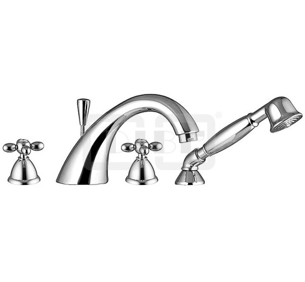 DIBLstil Zweigriff-Vierlochbatterie zur Wannenrand- und Fliesenbankmontage, starrer Gussauslauf mit Umstellfunktion, Schlauchbrauseset mit Nostalgie-Messing-Handbrause