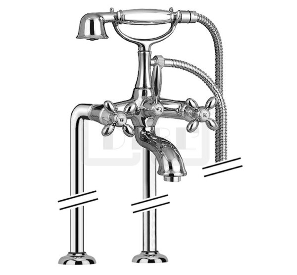 DIBLstil Zweigriff-Wannenbatterie zur freistehenden Bodenmontage im Raum, mit Nostalgie-Messing-Handbrause und Metallbrauseschlauch 1500 mm