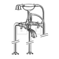 DIBLstil Zweigriff-Wannenbatterie zur freistehenden Bodenmontage im Raum, mit Nostalgie-Messing-Handbrause und Metallbrauseschlauch 1500 mm
