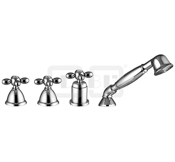 DIBLstil Zweigriff-Vierlochbatterie zur Wannenrand- und Fliesenbankmontage, Befüllung durch die Badewannen-Ab- und Überlaufgarnitur, Schlauchbrauseset