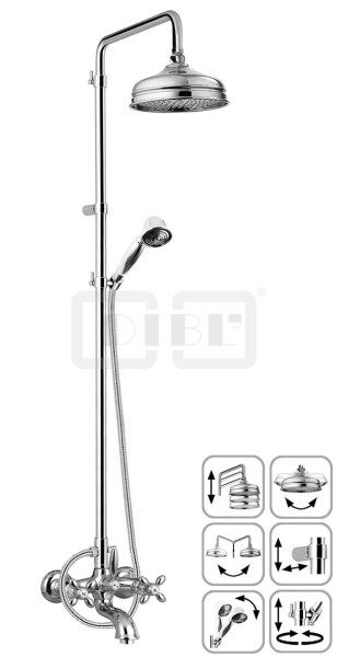 DIBLstil Zweigriff-Wannenbatterie zur Aufputzmontage, mit runder Nostalgie-Messing-Regenkopfbrause Ø 220 mm x 85 mm,Handbrause, Brauseschlauch 1500 mm