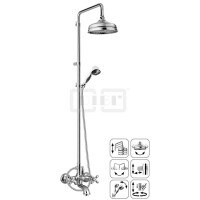 DIBLstil Zweigriff-Wannenbatterie zur Aufputzmontage, mit runder Nostalgie-Messing-Regenkopfbrause Ø 220 mm x 85 mm,Handbrause, Brauseschlauch 1500 mm