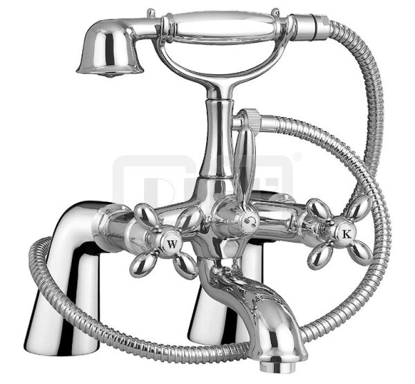 DIBLstil Zweigriff-Wannenbatterie mit Standfüßen zur Wannenrandmontage, mit Nostalgie-Messing-Handbrause und Metallbrauseschlauch 1500 mm