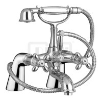 DIBLstil Zweigriff-Wannenbatterie mit Standfüßen zur Wannenrandmontage, mit Nostalgie-Messing-Handbrause und Metallbrauseschlauch 1500 mm