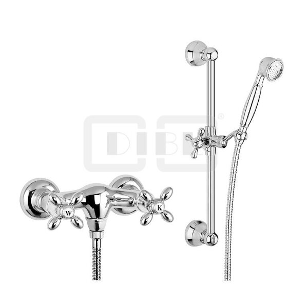 DIBLstil Zweigriff-Brausebatterie zur Aufputzmontage, mit Messing-Brausestange 605 mm, Nostalgie-Messing-Handbrause und Metallbrauseschlauch 1500 mm