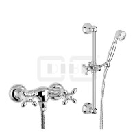 DIBLstil Zweigriff-Brausebatterie zur Aufputzmontage, mit Messing-Brausestange 605 mm, Nostalgie-Messing-Handbrause und Metallbrauseschlauch 1500 mm