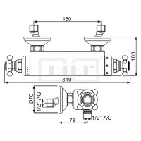 DIBLstil Thermostat-Brausebatterie zur Aufputzmontage, ohne Brausezubehör, Brauseabgang unten ½" Außengewinde