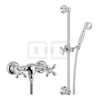 DIBLstil Zweigriff-Brausebatterie zur Aufputzmontage, mit Messing-Brausestange 905 mm, Nostalgie-Messing-Handbrause und Metallbrauseschlauch 1500 mm