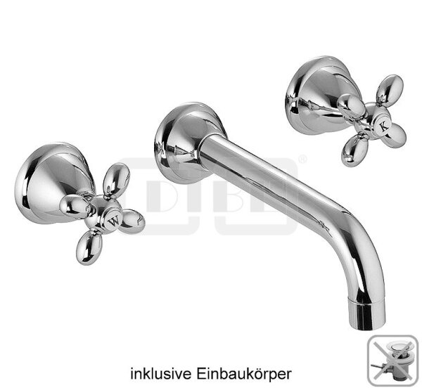 DIBLstil Zweigriff-Waschtisch-Wandbatterie mit starrem Gussauslauf 222 mm, ohne Zugstangenbohrung, ohne Ablaufzubehör
