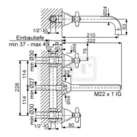 DIBLstil Zweigriff-Waschtisch-Wandbatterie mit starrem Gussauslauf 222 mm, ohne Zugstangenbohrung, ohne Ablaufzubehör