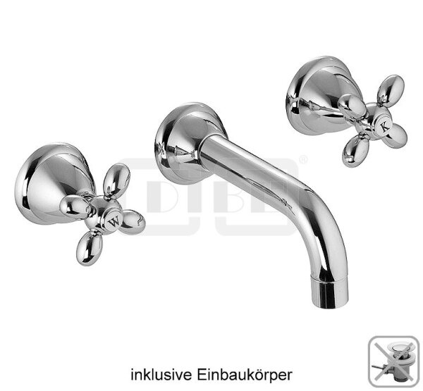 DIBLstil Zweigriff-Waschtisch-Wandbatterie mit starrem Gussauslauf 182 mm, ohne Zugstangenbohrung, ohne Ablaufzubehör