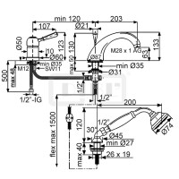 DIBLporcelain Einhebel-Dreilochbatterie zur Wannenrand- u. Fliesenbankmontage, starrer Gussauslauf mit Umstellfunktion, Schlauchbrauseset, mit Messingguss-Griffhebel in Ganzmetall-Optik