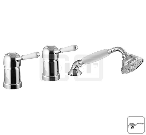 DIBLporcelain Einhebel-Dreilochbatterie zur Wannenrand- u. Fliesenbankmontage, Befüllung durch die Badewannen-Ab- und Überlaufgarnitur, Schlauchbrauseset, mit Messingguss-Griffhebel in Ganzmetall-Optik