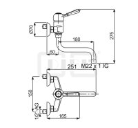 DIBLporcelain Einhebel-Spültisch-Wandbatterie, mit seitlich schwenkbarem Profilauslauf - Ausladung 180 mm, mit Messingguss-Griffhebel in Ganzmetall-Optik