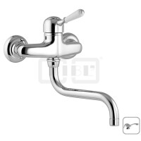 DIBLporcelain Einhebel-Spültisch-Wandbatterie, mit seitlich schwenkbarem Profilauslauf - Ausladung 180 mm, mit Messingguss-Griffhebel in Ganzmetall-Optik
