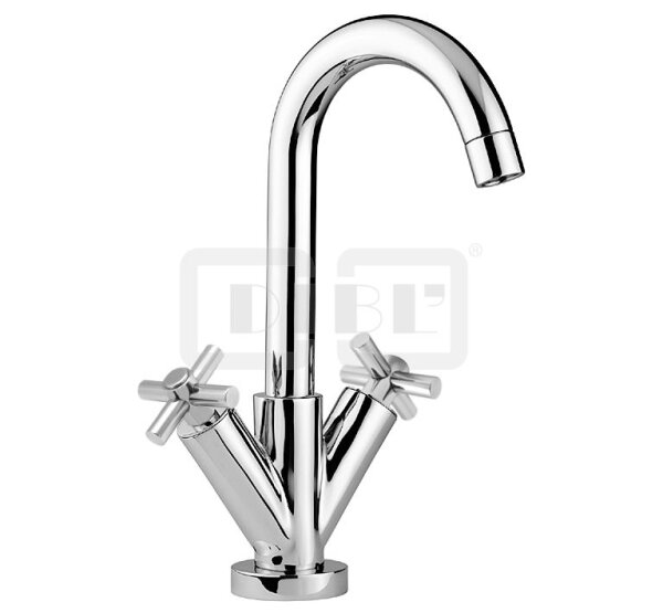 DIBLextra Zweigriff-Waschtischbatterie mit hohem, schwenkbarem Gussauslauf, mit Zugstangenbohrung im Design-Sockel und Ablaufgarnitur 1¼"