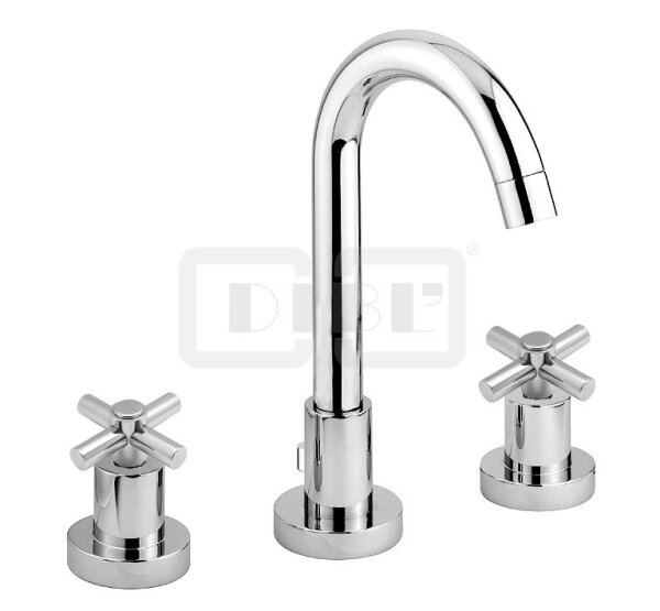 DIBLextra Zweigriff-Waschtisch-Dreilochbatterie mit hohem, schw. Gussauslauf, mit Zugstangenbohrung im Design-Sockel und Ablaufgarnitur 1¼"