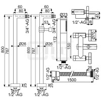 DIBLextra Zweigriff-Wannenbatterie zur freistehenden Bodenmontage im Raum, mit Stabhandbrause und Metallbrauseschl. 1500 mm