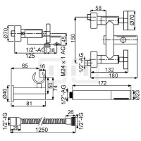 DIBLextra Zweigriff-Wannenbatterie zur Aufputzmontage, mit Stabhandbrause, Wandbrausehalter und Metallbrauseschlauch 1250 mm