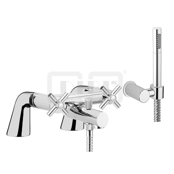 DIBLextra Zweigriff-Wannenbatterie mit Standfüßen zur Wannenrandmontage, mit Stabhandbrause, Wandbrausehalter und Metallbrauseschlauch 1250 mm