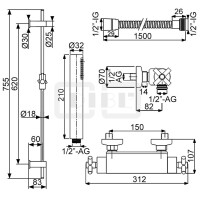 DIBLextra Thermostat-Brausebatterie zur Aufputzmontage, mit Messing-Brausestange 755 mm, Stabhandbrause und Metallbrauseschlauch 1500 mm
