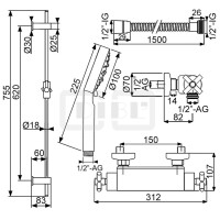 DIBLextra Thermostat-Brausebatterie zur Aufputzmontage, mit Messing-Brausestange 755 mm, Handbrause und Metallbrauseschlauch 1500 mm