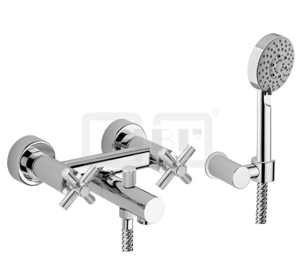 DIBLextra Zweigriff-Wannenbatterie zur Aufputzmontage, mit Handbrause, Wandbrausehalter, Brausehalter und Metallbrauseschlauch 1250 mm