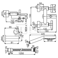 DIBLextra Zweigriff-Wannenbatterie zur Aufputzmontage, mit Handbrause, Wandbrausehalter, Brausehalter und Metallbrauseschlauch 1250 mm