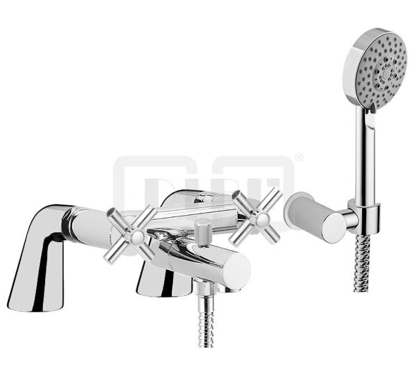 DIBLextra Zweigriff-Wannenbatterie mit Standfüßen zur Wannenrandmontage, mit Handbrause, Wandbrausehalter und Metallbrauseschlauch