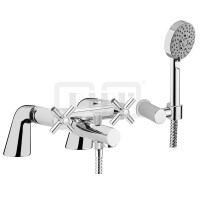 DIBLextra Zweigriff-Wannenbatterie mit Standfüßen zur Wannenrandmontage, mit Handbrause, Wandbrausehalter und Metallbrauseschlauch