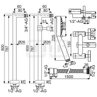 DIBLextra Zweigriff-Wannenbatterie zur freistehenden Bodenmontage im Raum, mit Handbrause und Metallbrauseschlauch 1500 mm