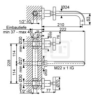 DIBLextra Zweigriff-Waschtisch-Wandbatterie mit starrem Gussauslauf 222 mm, ohne Zugstangenbohrung, ohne Ablaufzubehör