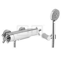 DIBLextra Thermostat-Wannenbatterie zur Aufputzmontage, mit Cascaden-Schwallauslauf, Handbrause, Wandbrausehalter und Metallbrauseschlauch 1250 mm