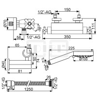 DIBLextra Thermostat-Wannenbatterie zur Aufputzmontage, mit Cascaden-Schwallauslauf, Handbrause, Wandbrausehalter und Metallbrauseschlauch 1250 mm