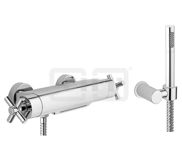 DIBLextra Thermostat-Wannenbatterie zur Aufputzmontage, mit  Cascaden-Schwallauslauf, Stabhandbrause, Wandbrausehalter und Metallbrauseschlauch 1250 mm