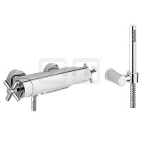 DIBLextra Thermostat-Wannenbatterie zur Aufputzmontage, mit  Cascaden-Schwallauslauf, Stabhandbrause, Wandbrausehalter und Metallbrauseschlauch 1250 mm